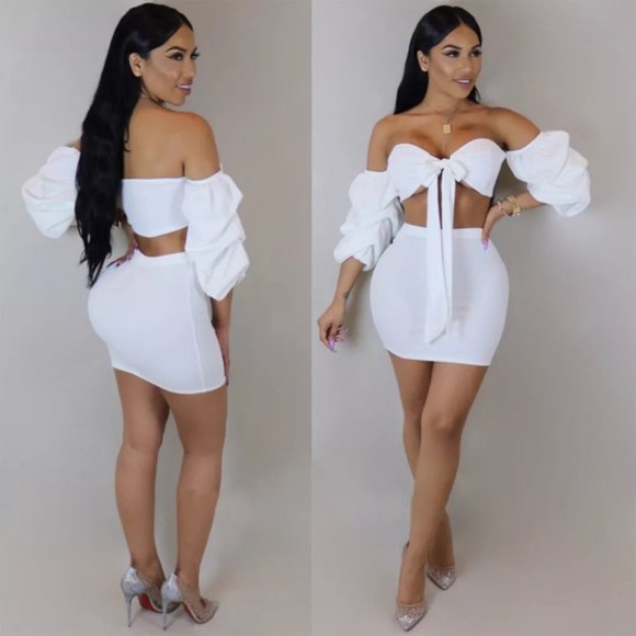 White Off Shoulder W/Skirt Two Piece - Picture 1 of 3
